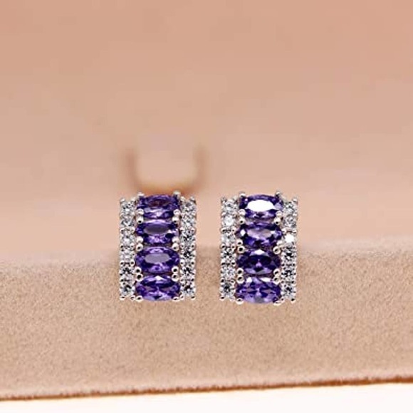 Amethyst Gems Platinum Plated Necklace Earring Ring CZ Cubic Rhinestone - Picture 5 of 8